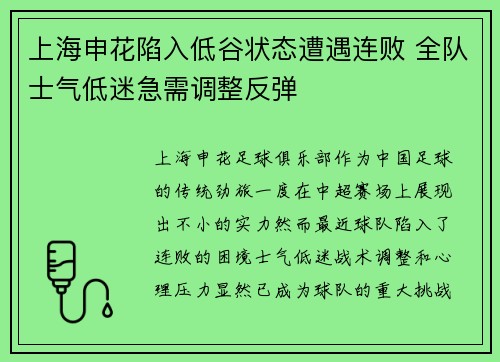 上海申花陷入低谷状态遭遇连败 全队士气低迷急需调整反弹