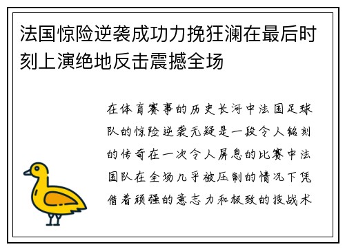 法国惊险逆袭成功力挽狂澜在最后时刻上演绝地反击震撼全场