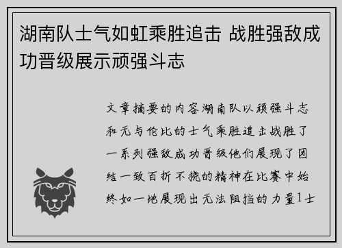 湖南队士气如虹乘胜追击 战胜强敌成功晋级展示顽强斗志