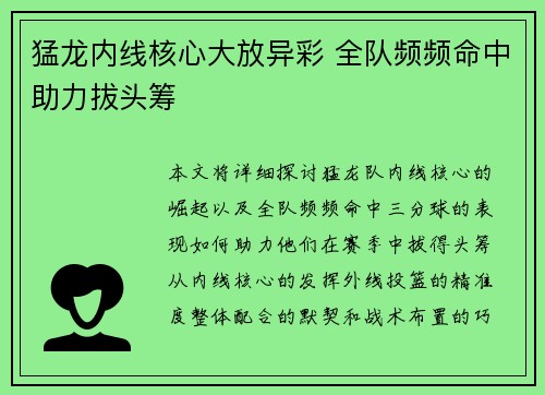 猛龙内线核心大放异彩 全队频频命中助力拔头筹