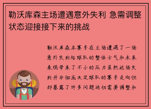 勒沃库森主场遭遇意外失利 急需调整状态迎接接下来的挑战