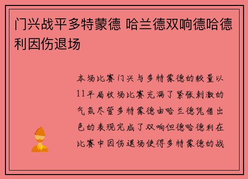 门兴战平多特蒙德 哈兰德双响德哈德利因伤退场